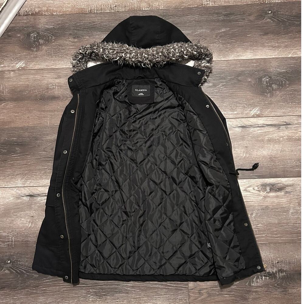 Glamisa Black Winter Coat Faux Fur Size Large - Picture 7 of 12